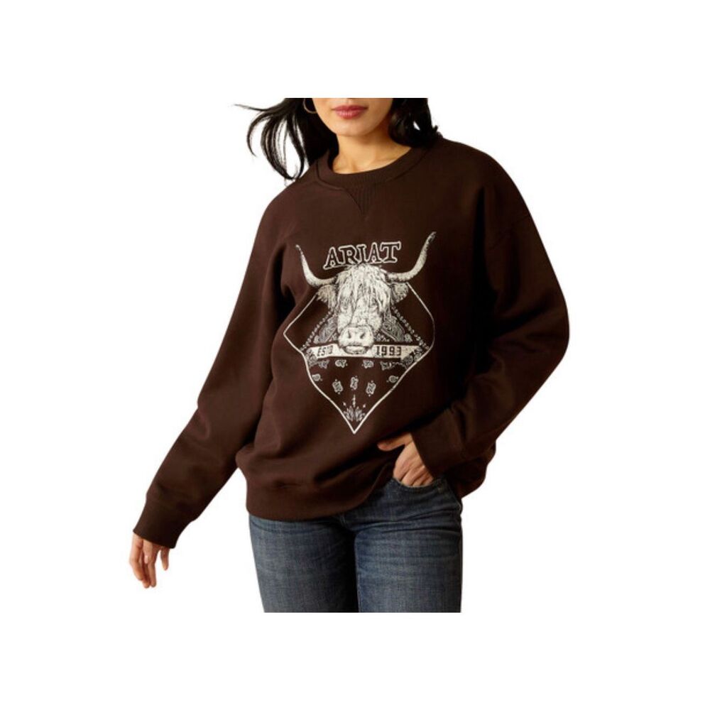 ARIAT Women's Taurus Fleece Oversized brown Crew Neck Graphic Sweatshirt M NWT - Picture 1 of 8